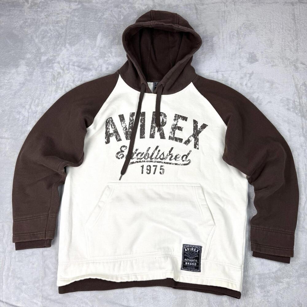 Vintage Avirex Established 1975 Hoodie Fleece Brown Graphic Size L Skater Y2K